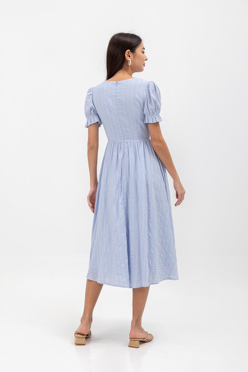 LAREINA TEXTURED V NECK MIDI DRESS