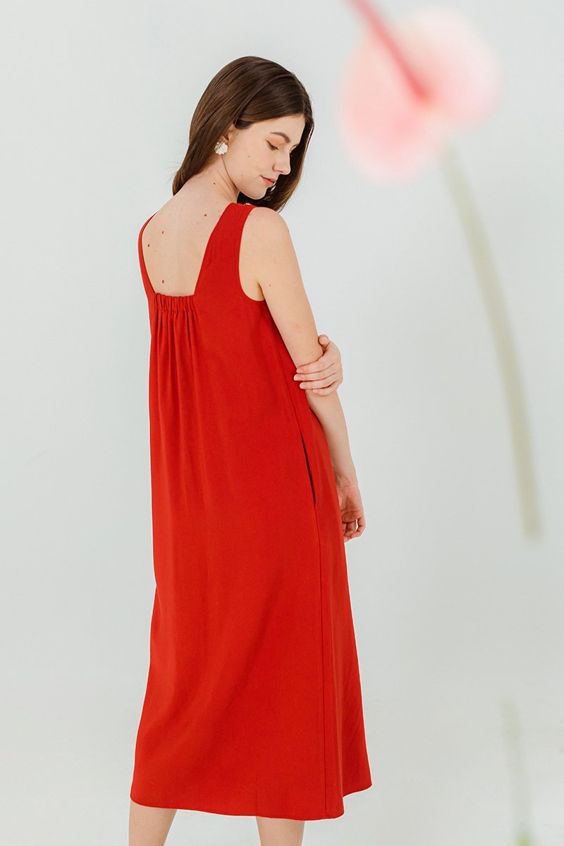 MERIDA V NECK ELASTIC BACK MIDI DRESS W SLIT