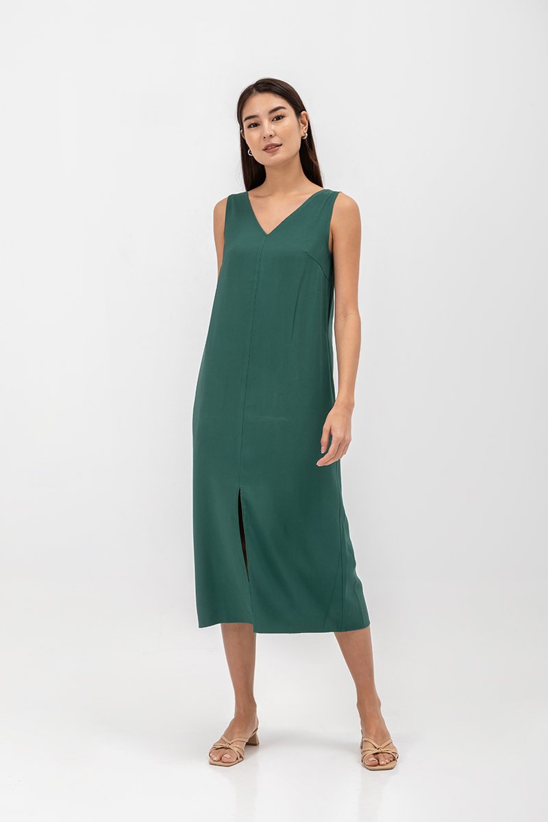 MERIDA V NECK ELASTIC BACK MIDI DRESS W SLIT