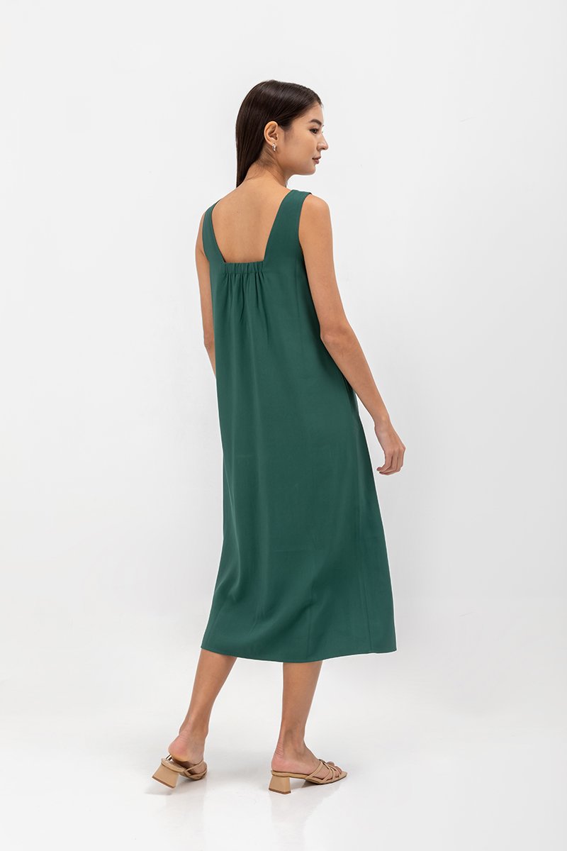 MERIDA V NECK ELASTIC BACK MIDI DRESS W SLIT
