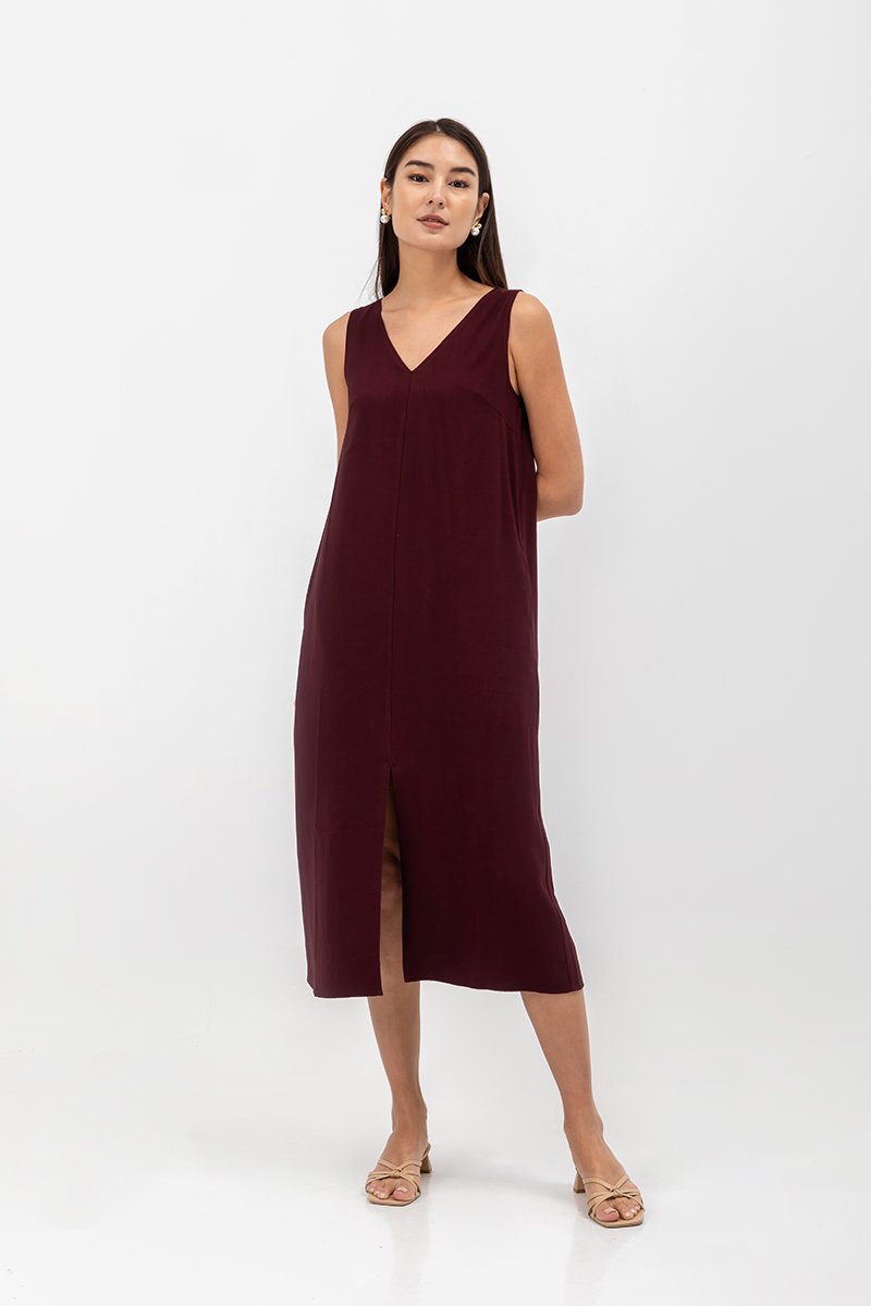 MERIDA V NECK ELASTIC BACK MIDI DRESS W SLIT