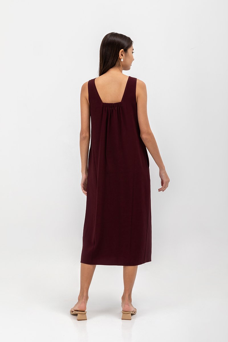 MERIDA V NECK ELASTIC BACK MIDI DRESS W SLIT