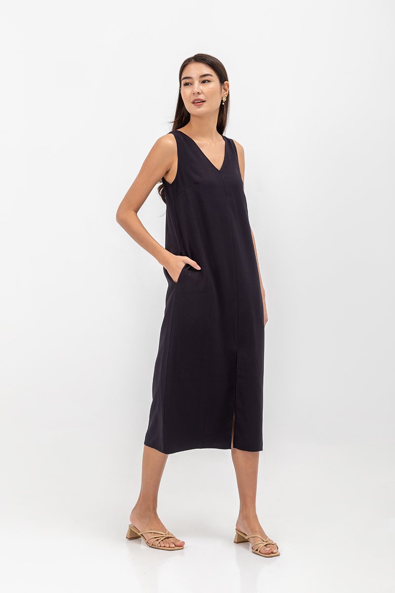 MERIDA V NECK ELASTIC BACK MIDI DRESS W SLIT