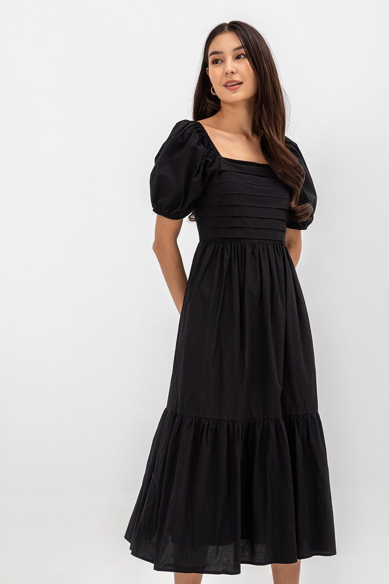COPEN PLEATED PUFF SLEEVE COTTON MAXI DRESS