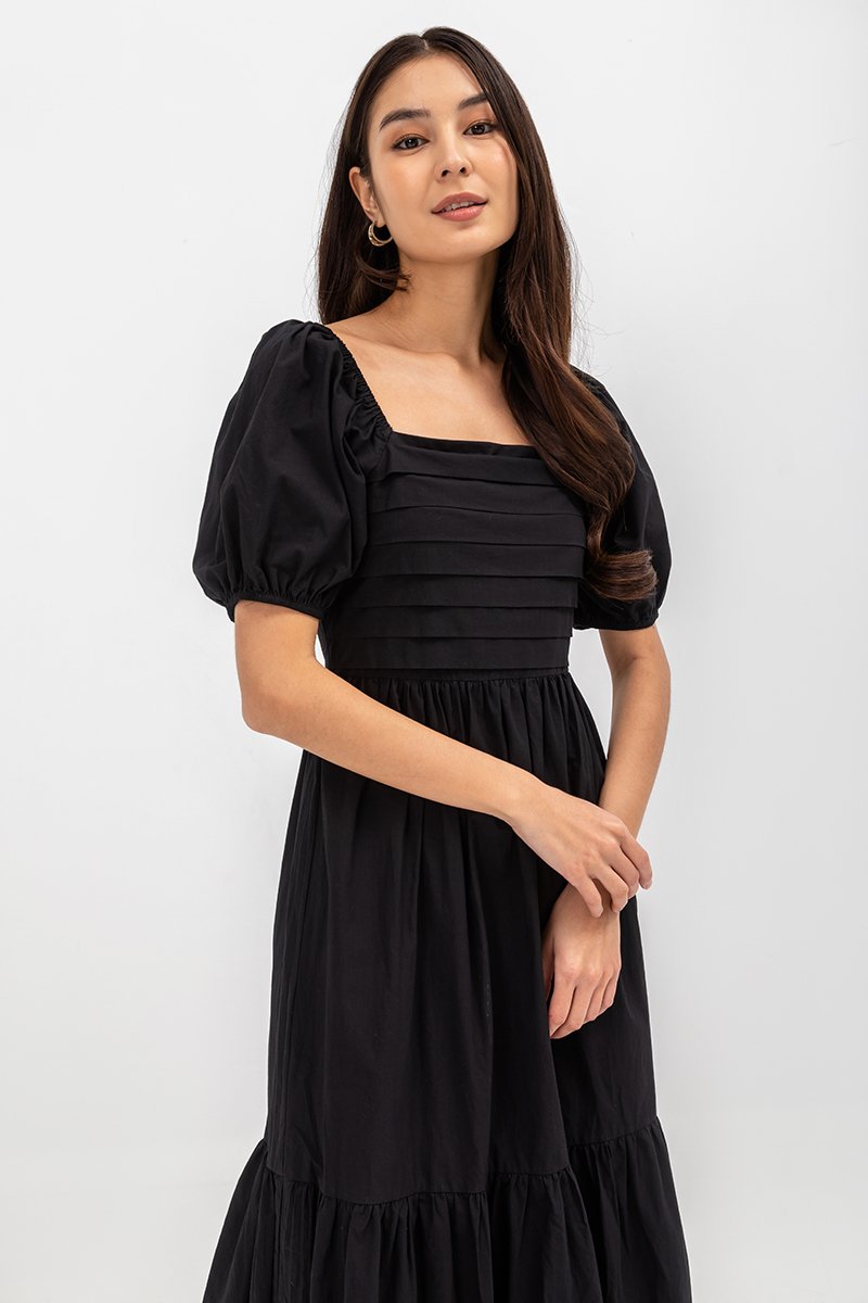 COPEN PLEATED PUFF SLEEVE COTTON MAXI DRESS