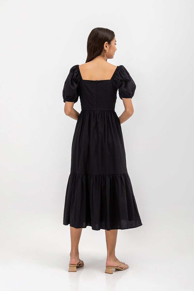 COPEN PLEATED PUFF SLEEVE COTTON MAXI DRESS