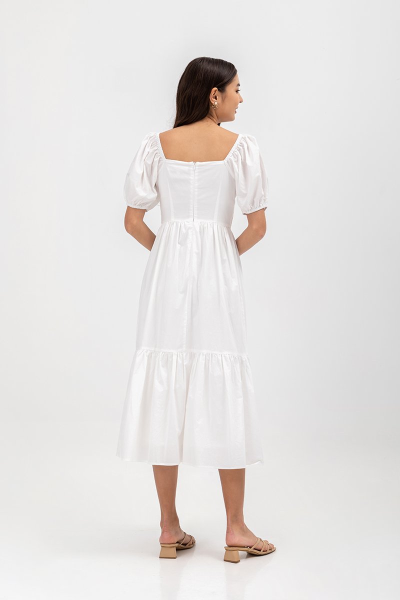 COPEN PLEATED PUFF SLEEVE COTTON MAXI DRESS