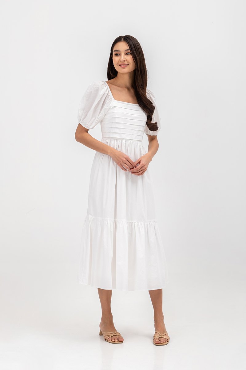COPEN PLEATED PUFF SLEEVE COTTON MAXI DRESS