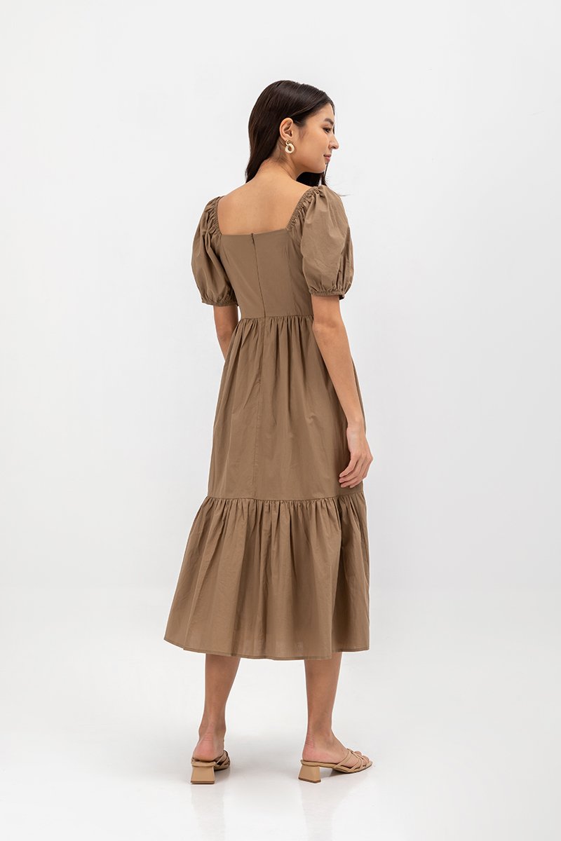 COPEN PLEATED PUFF SLEEVE COTTON MAXI DRESS