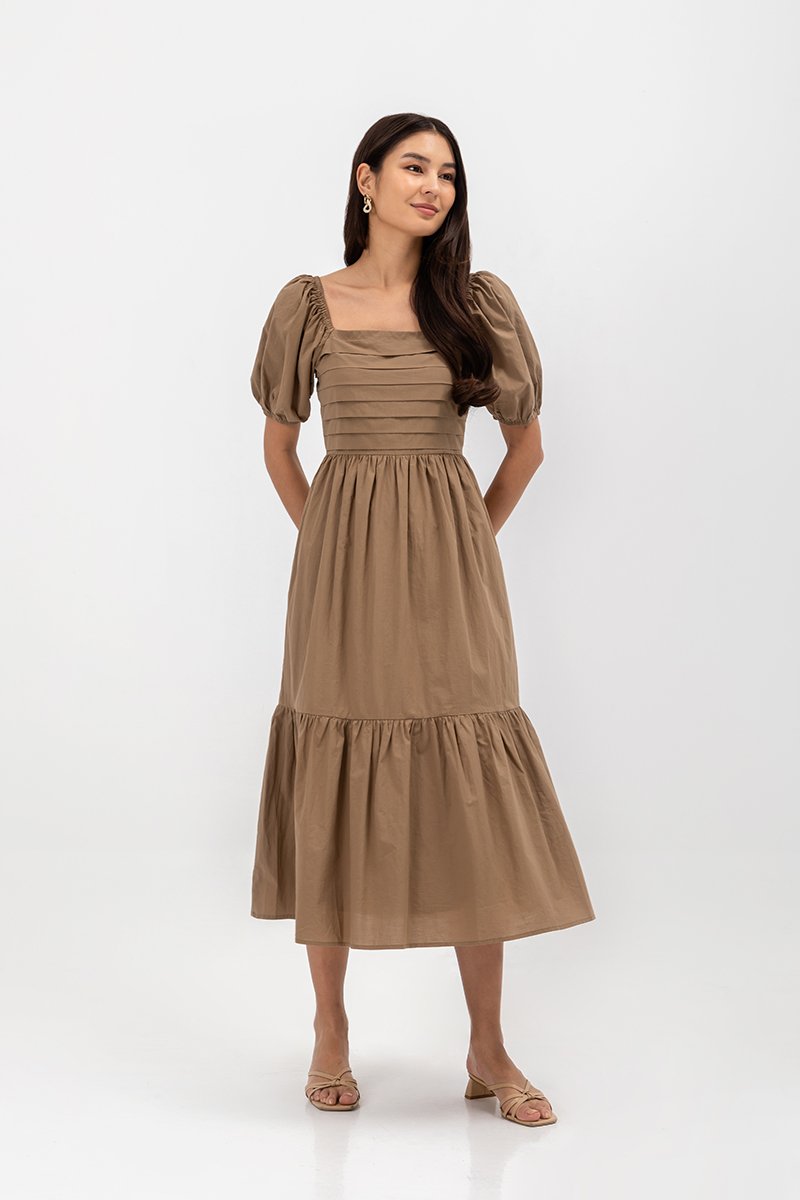 COPEN PLEATED PUFF SLEEVE COTTON MAXI DRESS