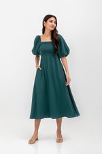 CASIE PUFF SLEEVE SMOCKED MIDI DRESS
