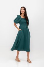 CASIE PUFF SLEEVE SMOCKED MIDI DRESS