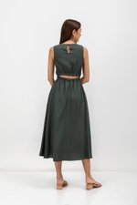 SKYLER TENCEL BACK CUT OUT ELASTIC WAISTBAND MIDI DRESS