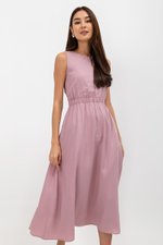 SKYLER TENCEL BACK CUT OUT ELASTIC WAISTBAND MIDI DRESS