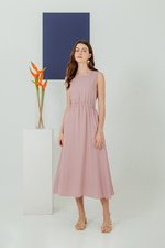 SKYLER TENCEL BACK CUT OUT ELASTIC WAISTBAND MIDI DRESS