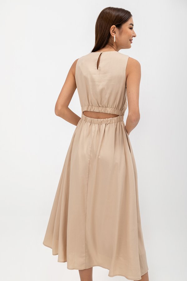 SKYLER TENCEL BACK CUT OUT ELASTIC WAISTBAND MIDI DRESS