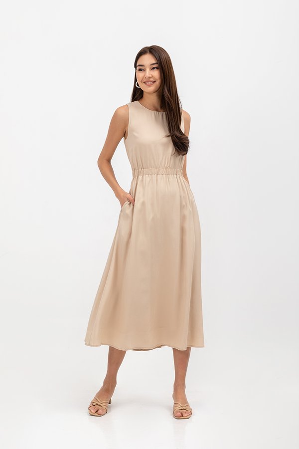 SKYLER TENCEL BACK CUT OUT ELASTIC WAISTBAND MIDI DRESS