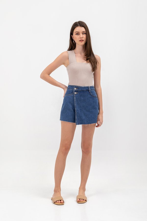 GIADA ASYMMETRICAL WRAP DENIM SKORTS