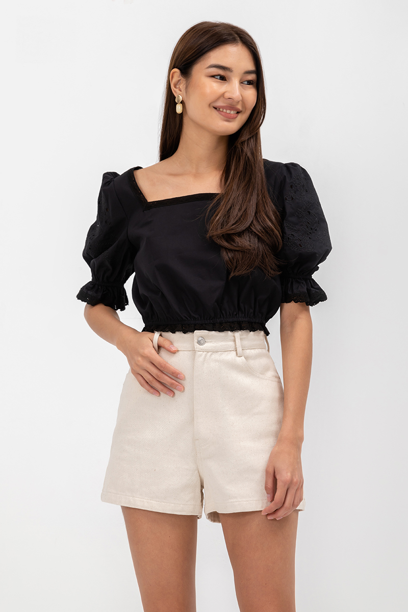 CLARISSE EMBROIDERED PUFF SLEEVE CROP TOP
