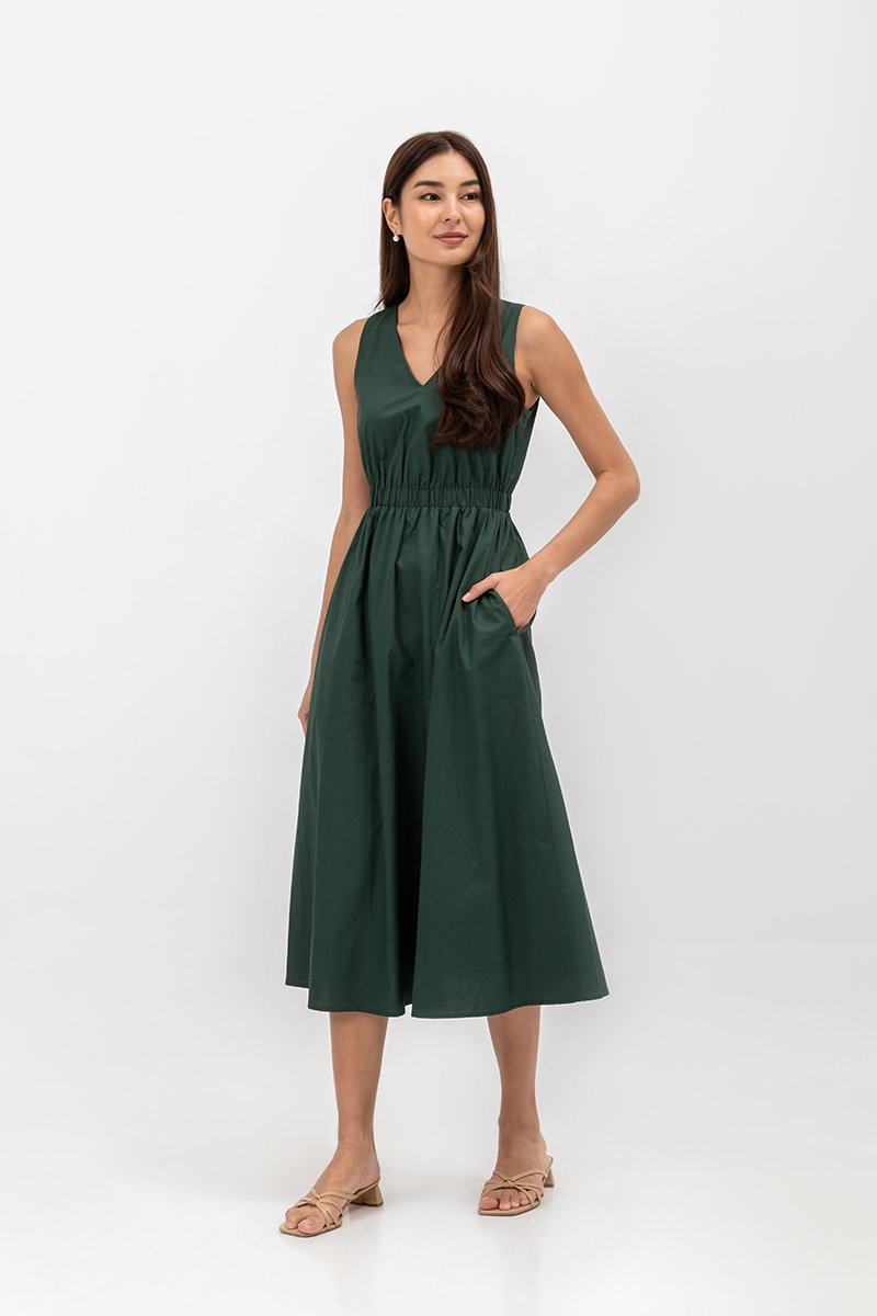 GEORGINA COTTON V NECK ELASTIC WAIST MIDI DRESS