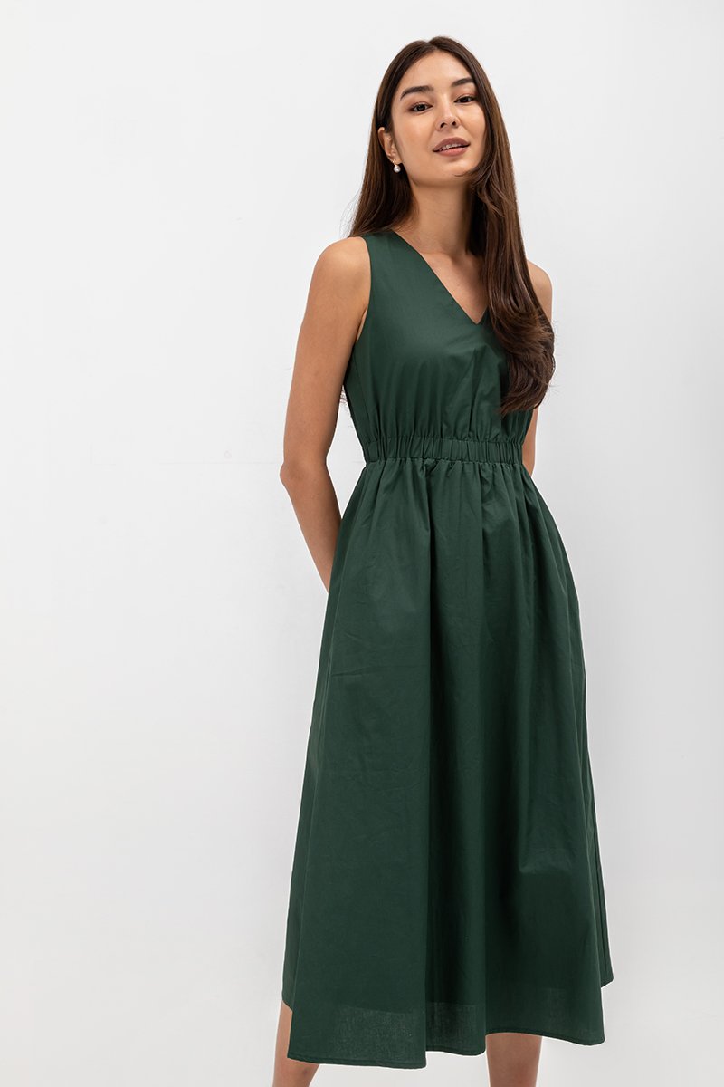 GEORGINA COTTON V NECK ELASTIC WAIST MIDI DRESS