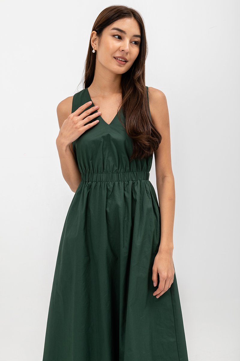 GEORGINA COTTON V NECK ELASTIC WAIST MIDI DRESS