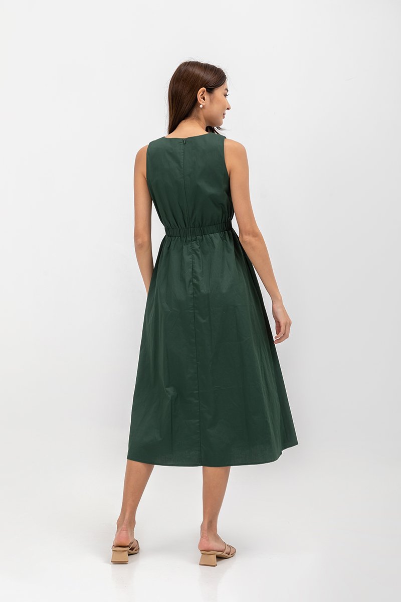 GEORGINA COTTON V NECK ELASTIC WAIST MIDI DRESS