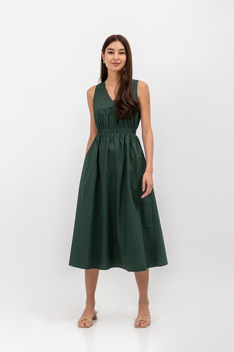GEORGINA COTTON V NECK ELASTIC WAIST MIDI DRESS