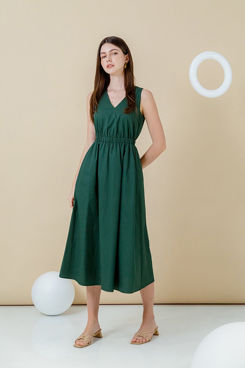GEORGINA COTTON V NECK ELASTIC WAIST MIDI DRESS