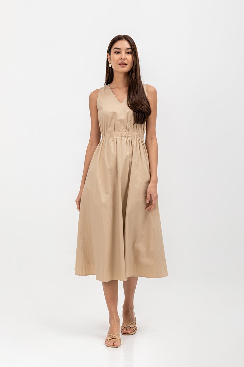 GEORGINA COTTON V NECK ELASTIC WAIST MIDI DRESS