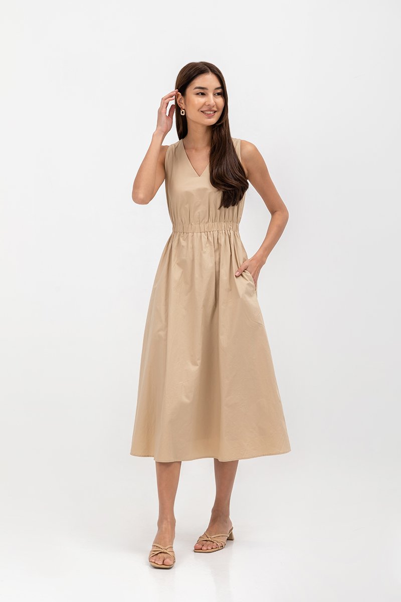 GEORGINA COTTON V NECK ELASTIC WAIST MIDI DRESS