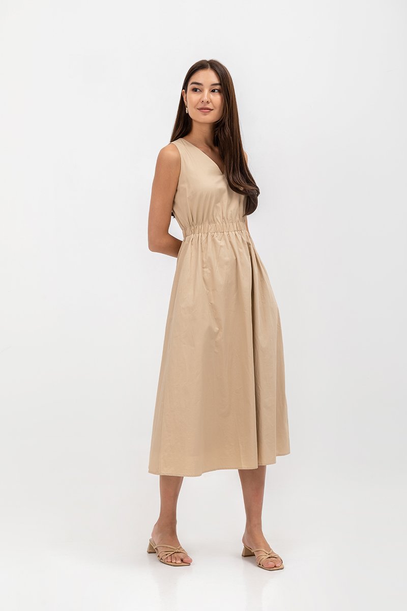 GEORGINA COTTON V NECK ELASTIC WAIST MIDI DRESS