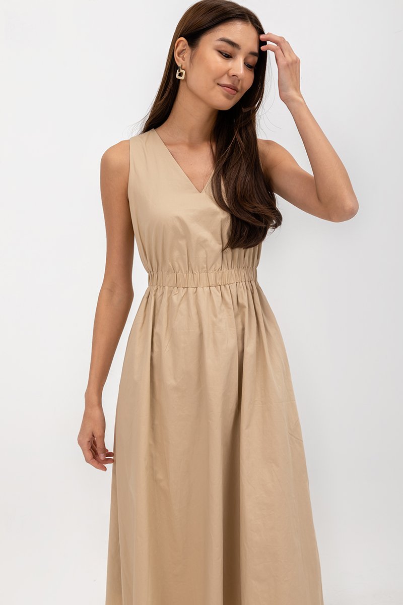 GEORGINA COTTON V NECK ELASTIC WAIST MIDI DRESS