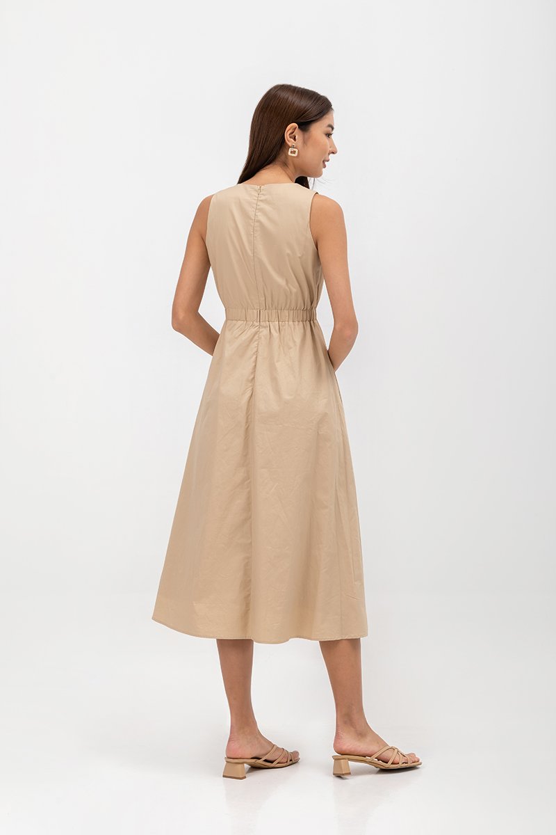 GEORGINA COTTON V NECK ELASTIC WAIST MIDI DRESS