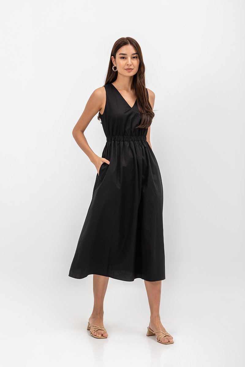 GEORGINA COTTON V NECK ELASTIC WAIST MIDI DRESS