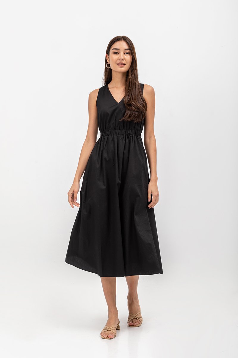 GEORGINA COTTON V NECK ELASTIC WAIST MIDI DRESS