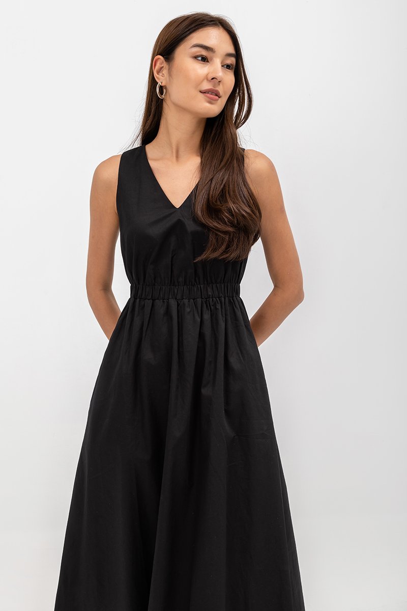 GEORGINA COTTON V NECK ELASTIC WAIST MIDI DRESS