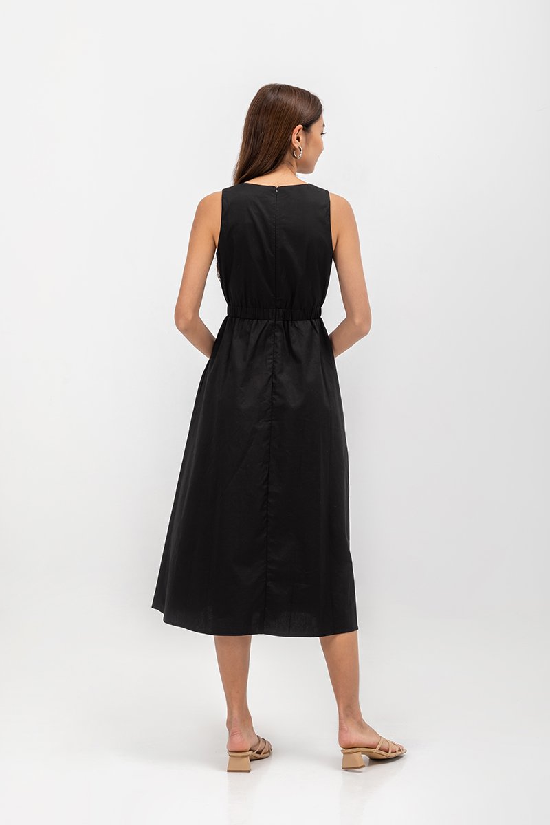GEORGINA COTTON V NECK ELASTIC WAIST MIDI DRESS