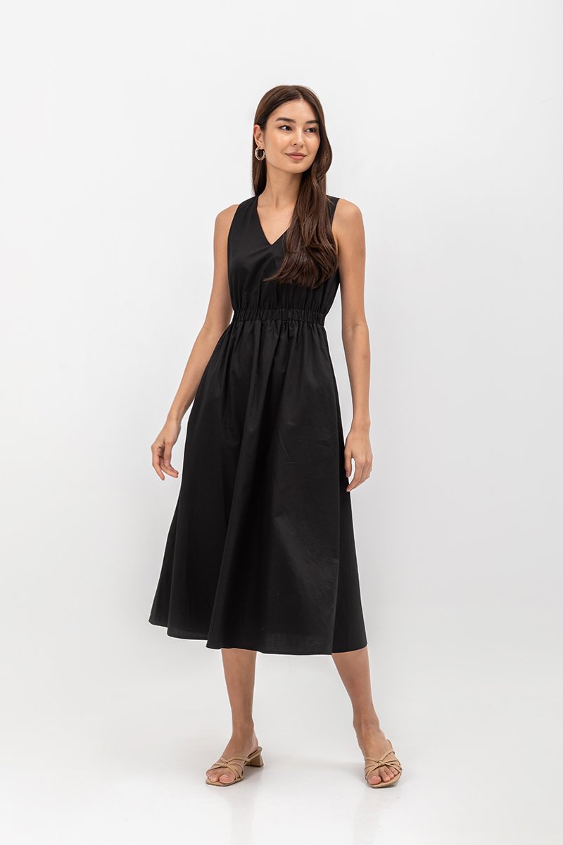GEORGINA COTTON V NECK ELASTIC WAIST MIDI DRESS