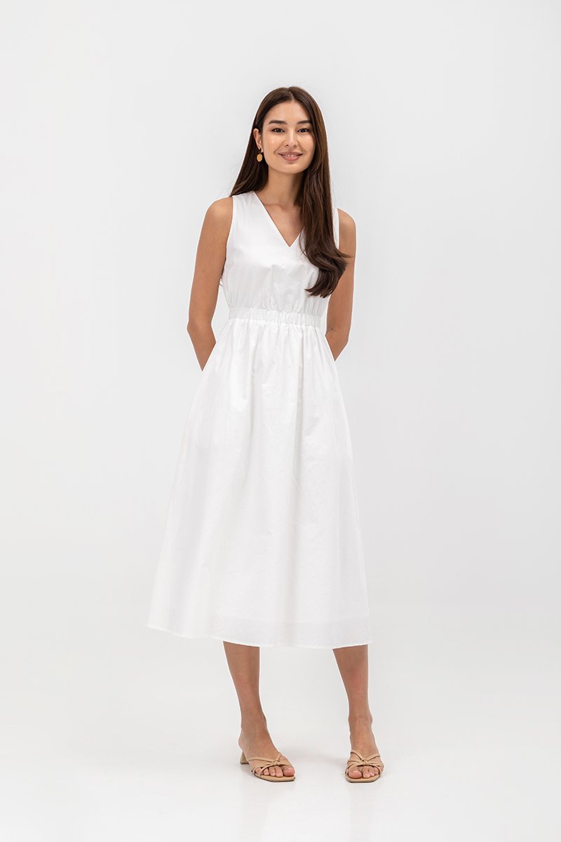 GEORGINA COTTON V NECK ELASTIC WAIST MIDI DRESS