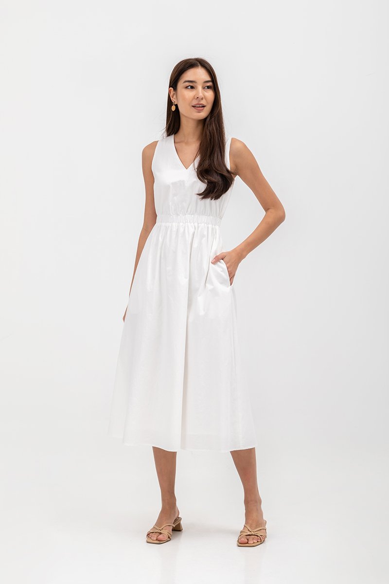 GEORGINA COTTON V NECK ELASTIC WAIST MIDI DRESS