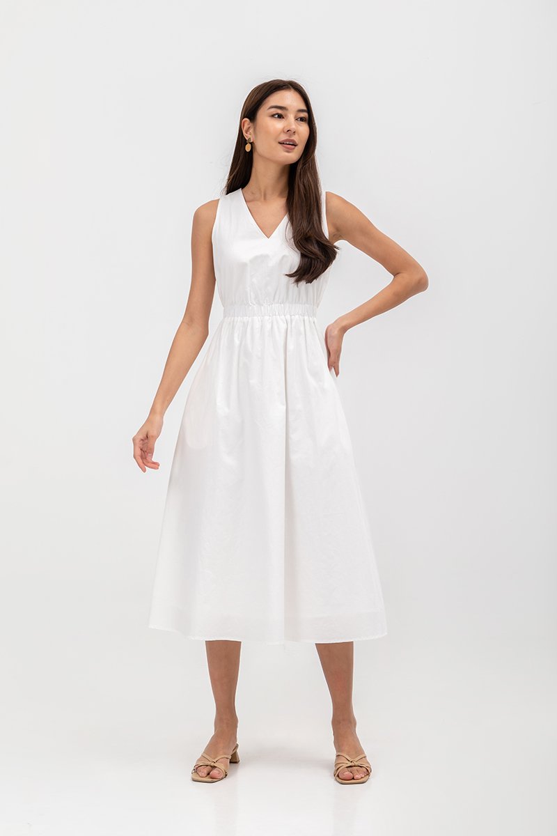 GEORGINA COTTON V NECK ELASTIC WAIST MIDI DRESS