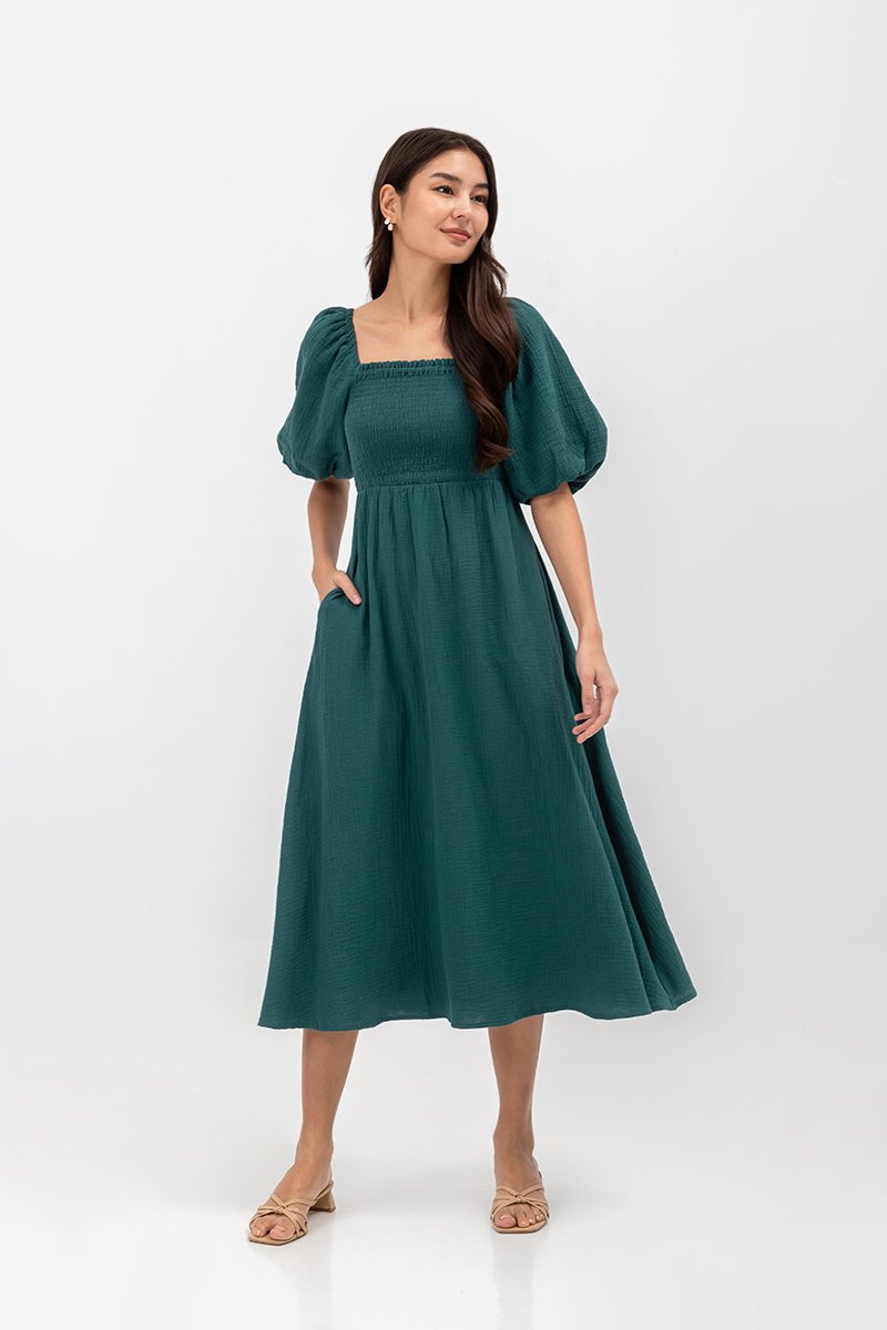 CASIE PUFF SLEEVE SMOCKED MIDI DRESS