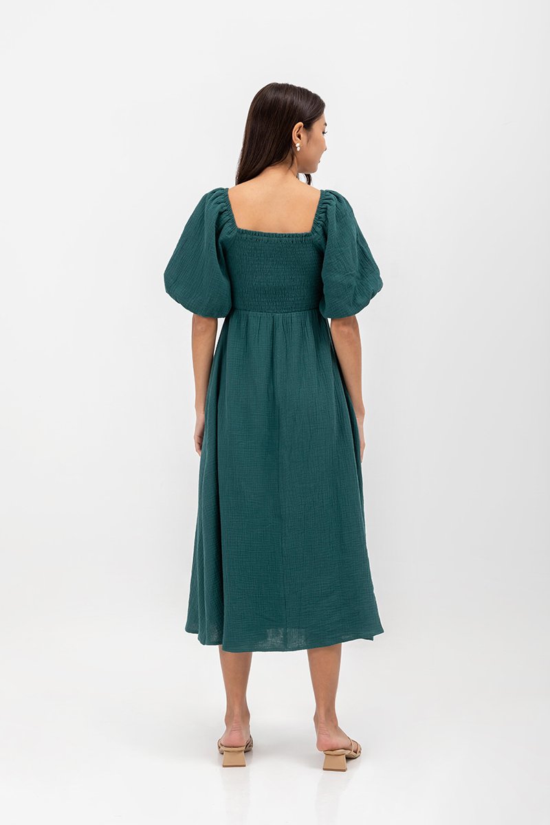 CASIE PUFF SLEEVE SMOCKED MIDI DRESS