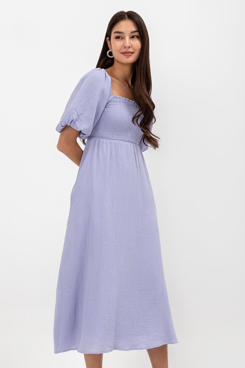 CASIE PUFF SLEEVE SMOCKED MIDI DRESS