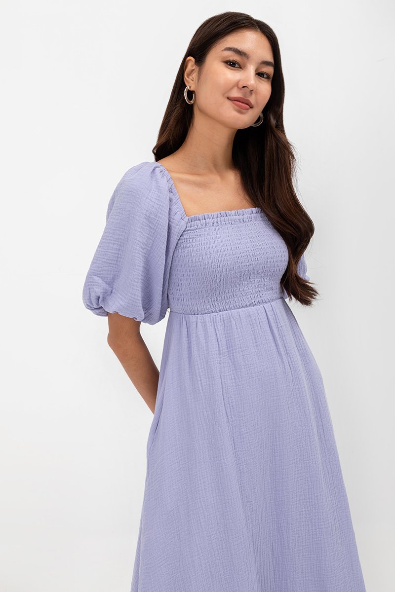 CASIE PUFF SLEEVE SMOCKED MIDI DRESS