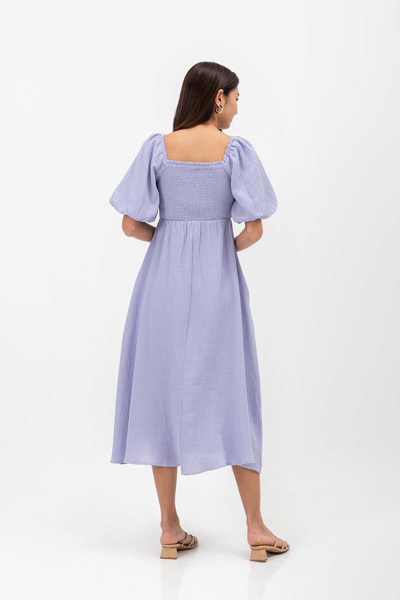 CASIE PUFF SLEEVE SMOCKED MIDI DRESS