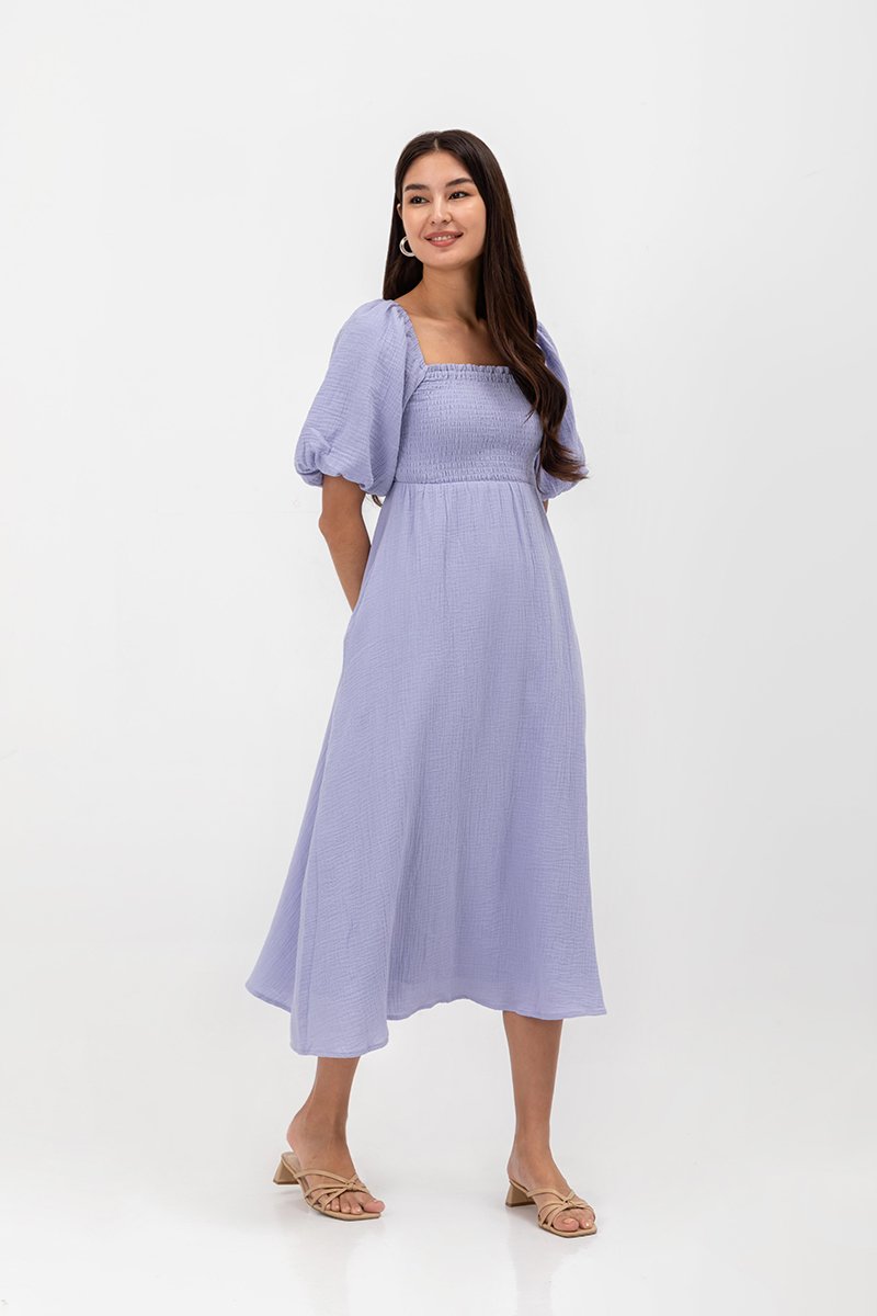 CASIE PUFF SLEEVE SMOCKED MIDI DRESS