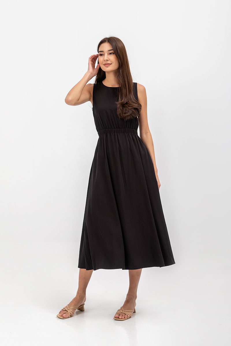 SKYLER TENCEL BACK CUT OUT ELASTIC WAISTBAND MIDI DRESS