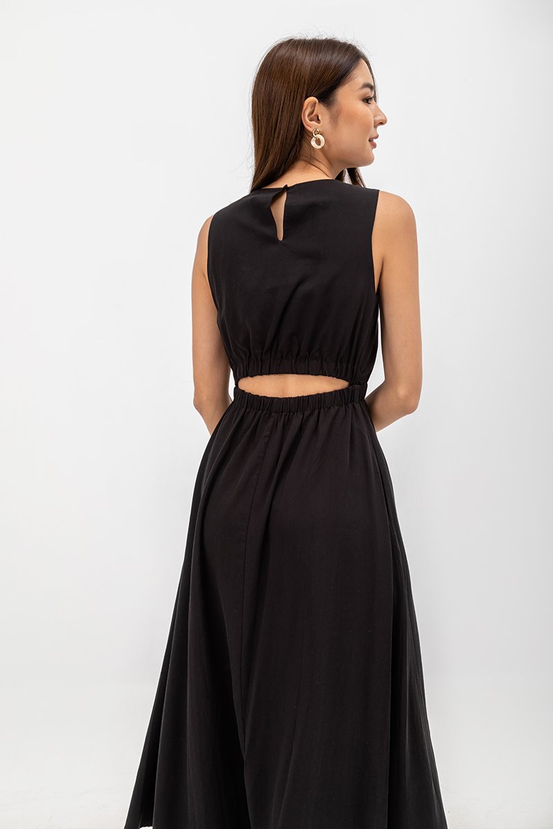 SKYLER TENCEL BACK CUT OUT ELASTIC WAISTBAND MIDI DRESS